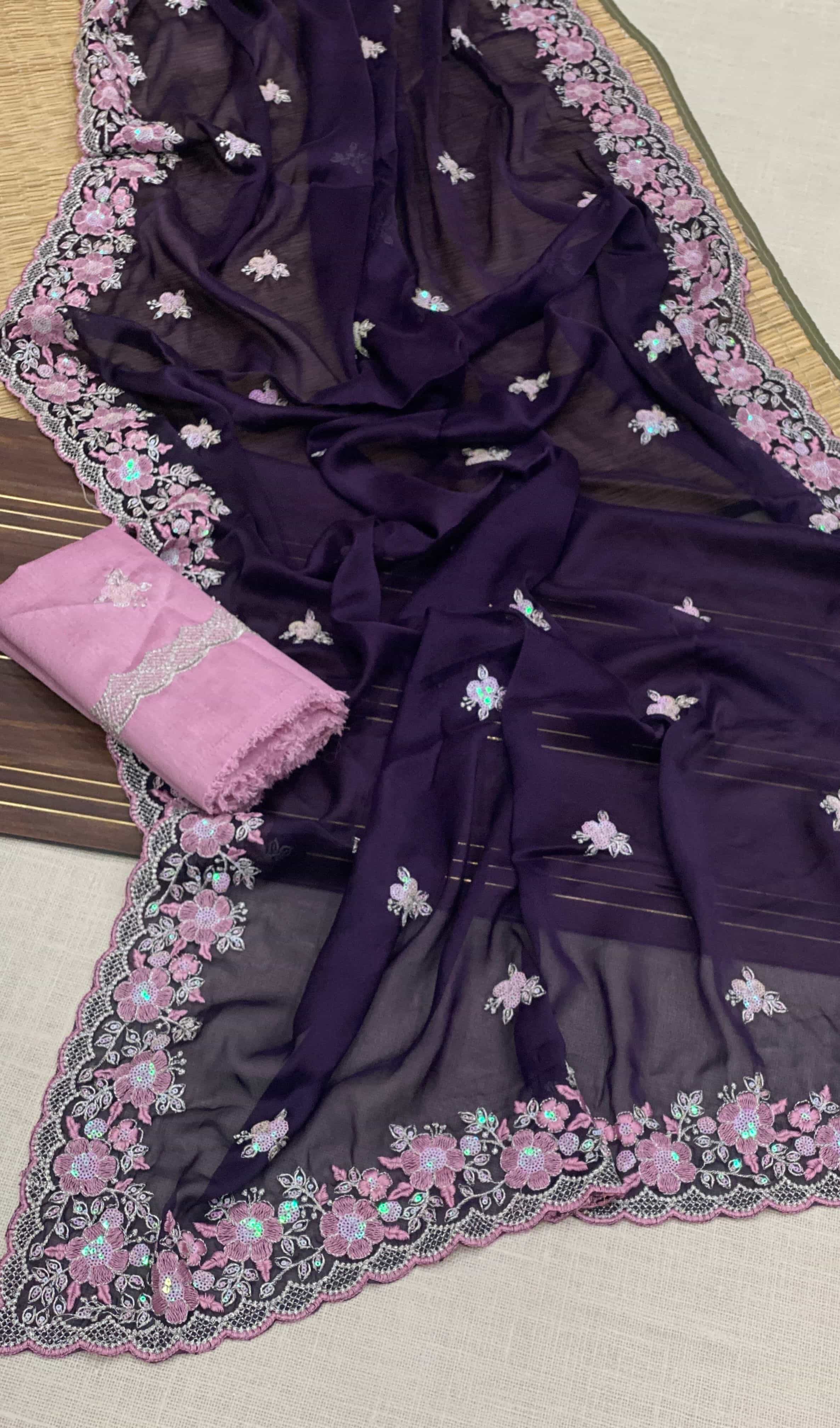 Georgette Purple Saree with Embroidery Sequins Work