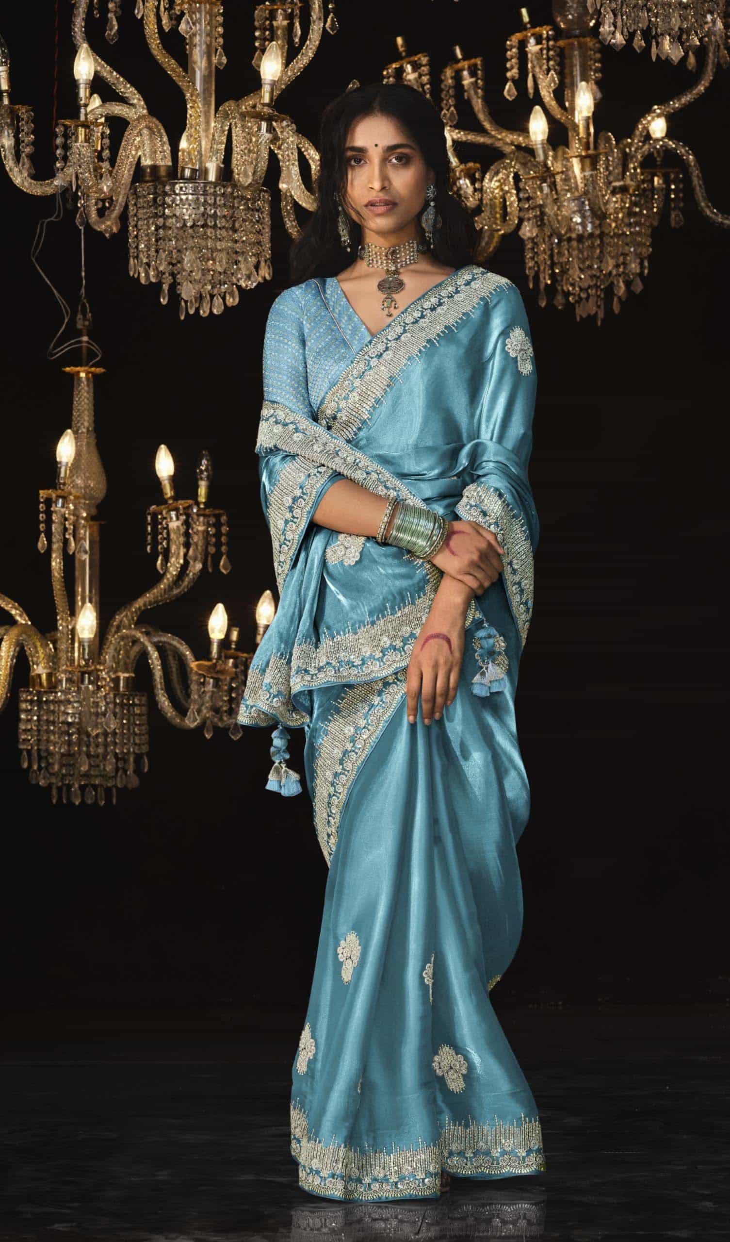 Glass Tissue blue Silk Saree
