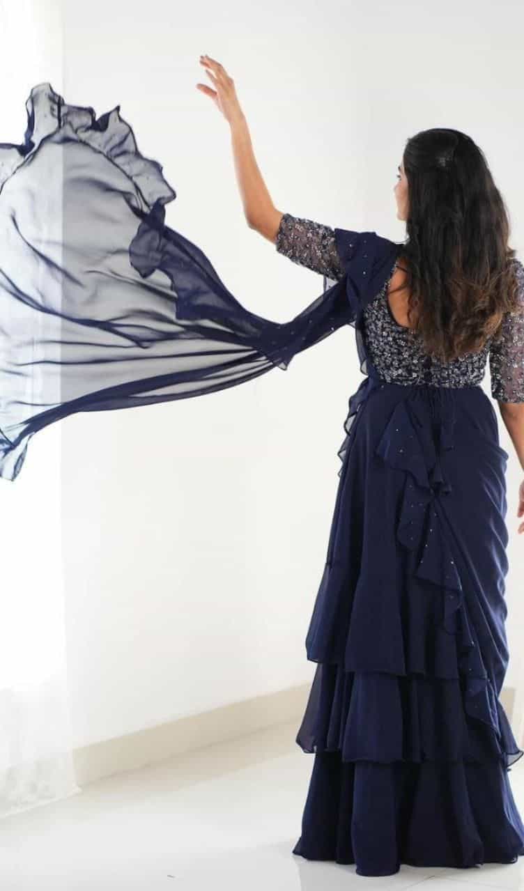 Navy blue tabby silk lehenga with heavy embroidery work 