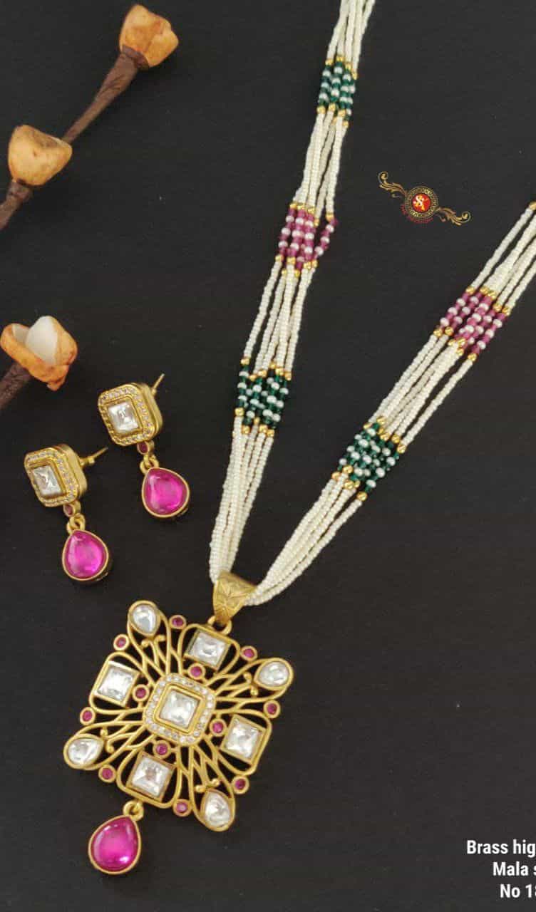 brass gold mala with teardrop charm and earrings