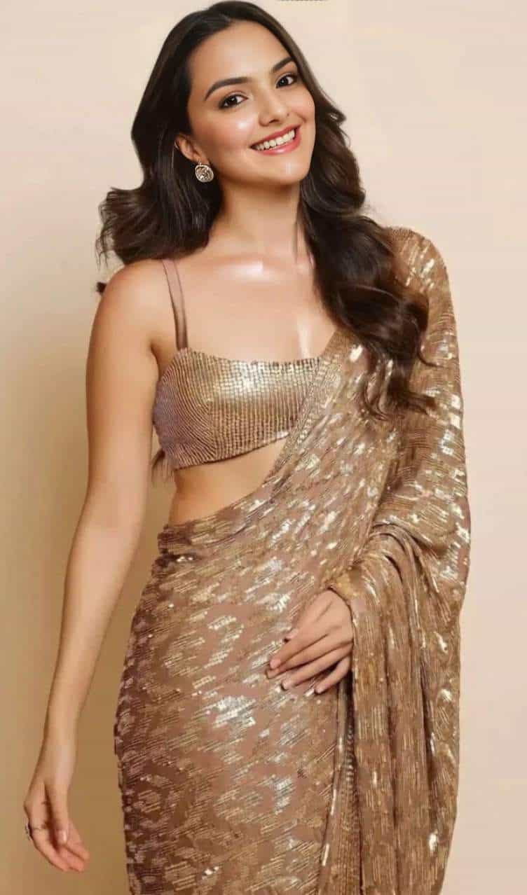 Golden georgette saree with sequins embroidery