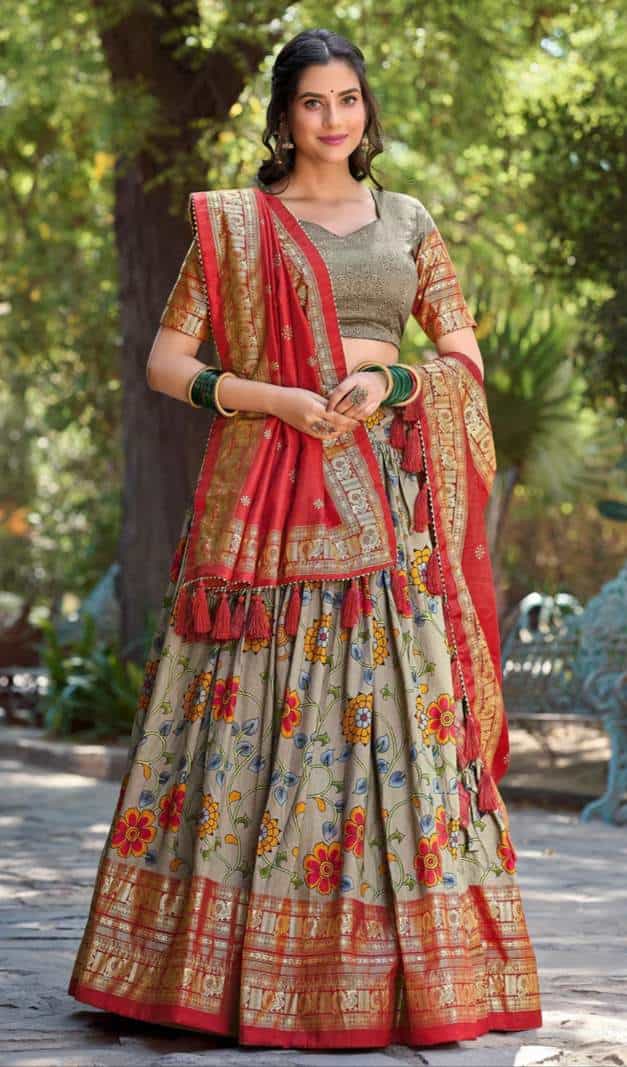 red lehenga with cancan and tassels
