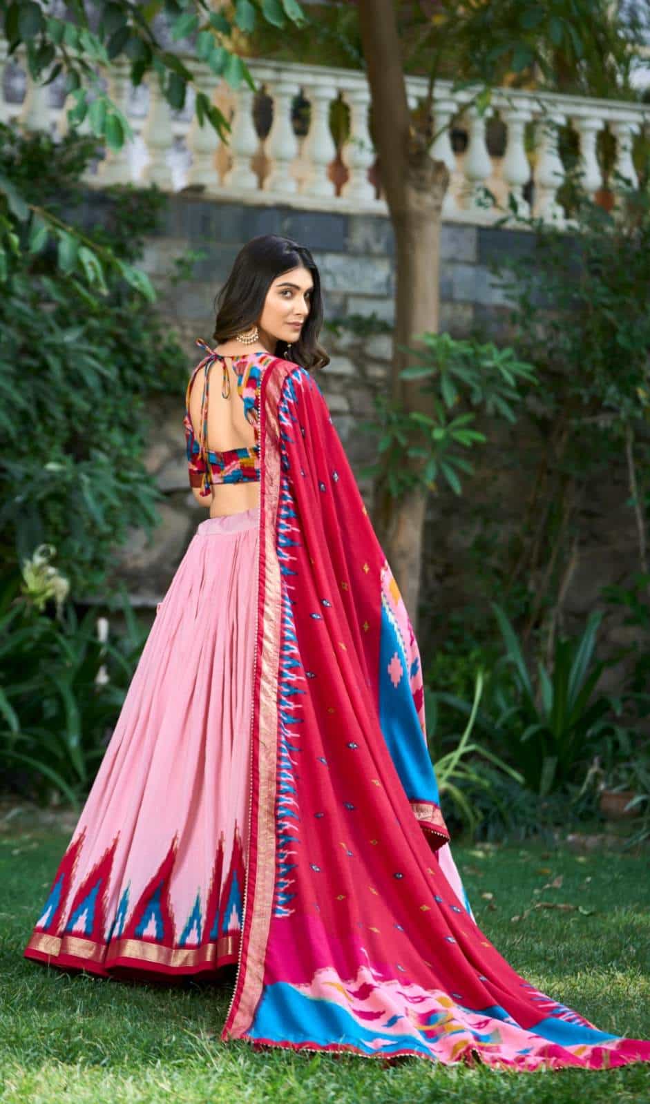 Pink Tussar silk lehenga with foil print