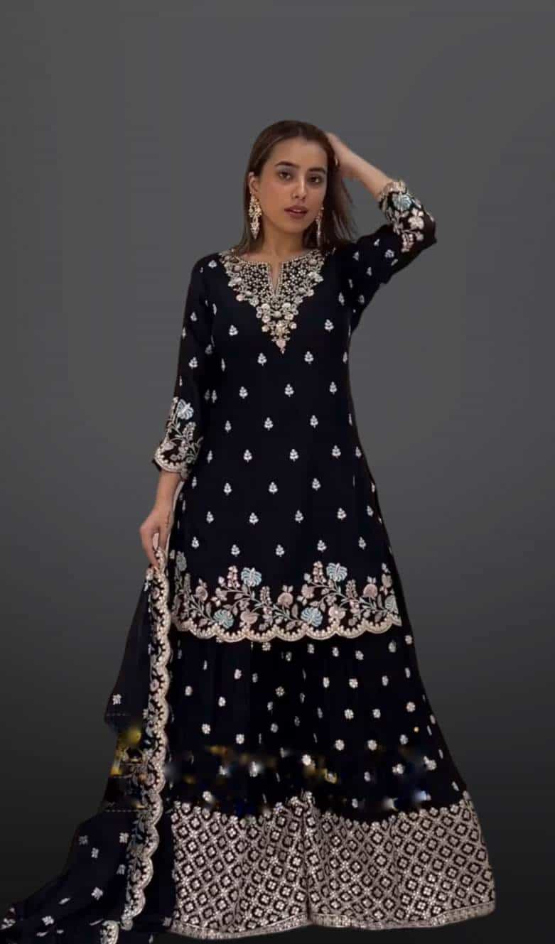 Chinon Black Embroidered Sharara Suit Set