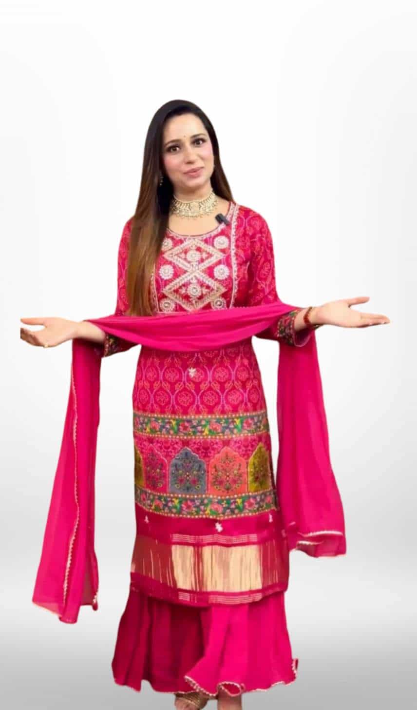 Pink Chinnon Sharara Kurti Set 