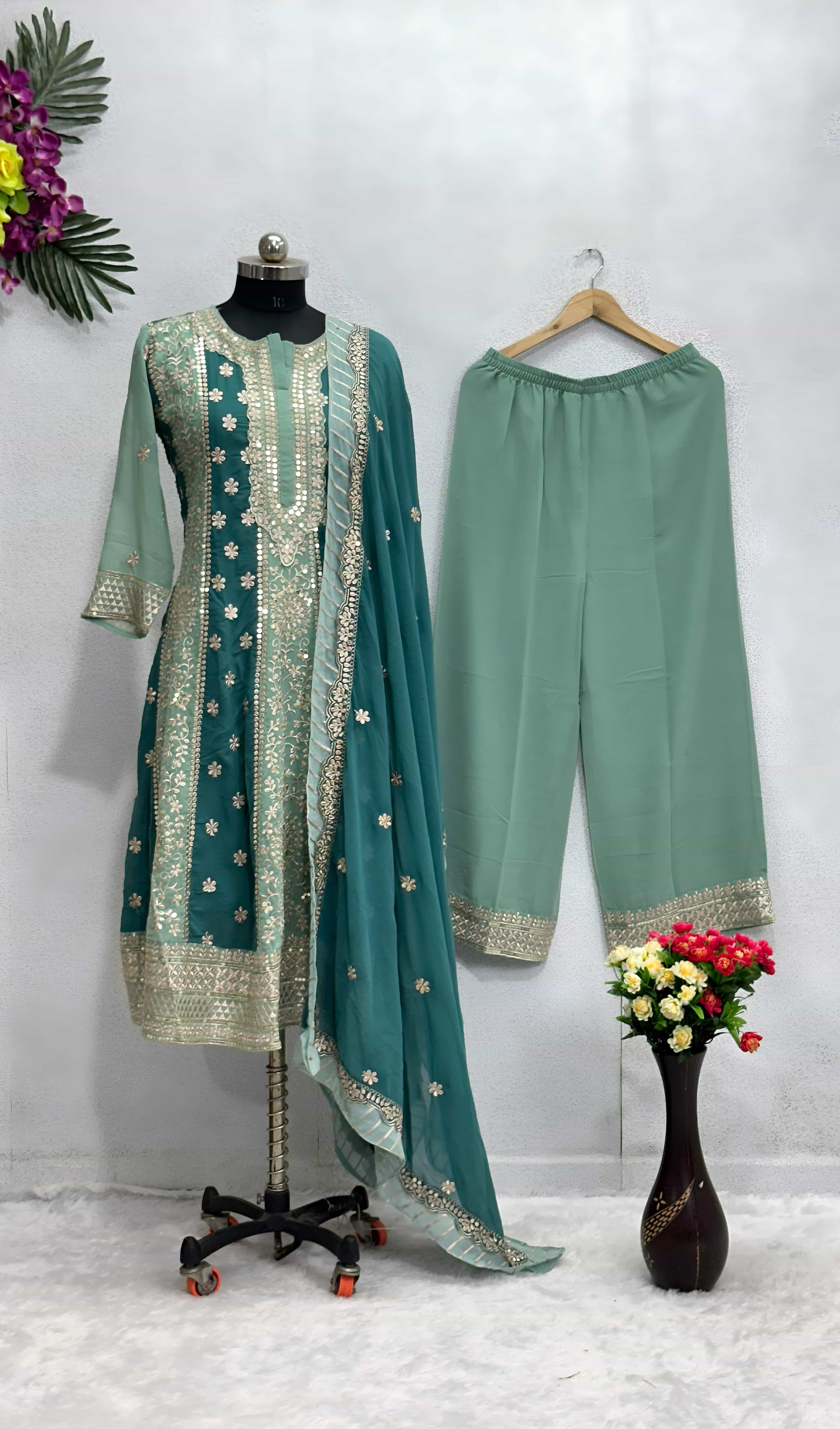 Blue Faux Georgette Sharara Kurti Set