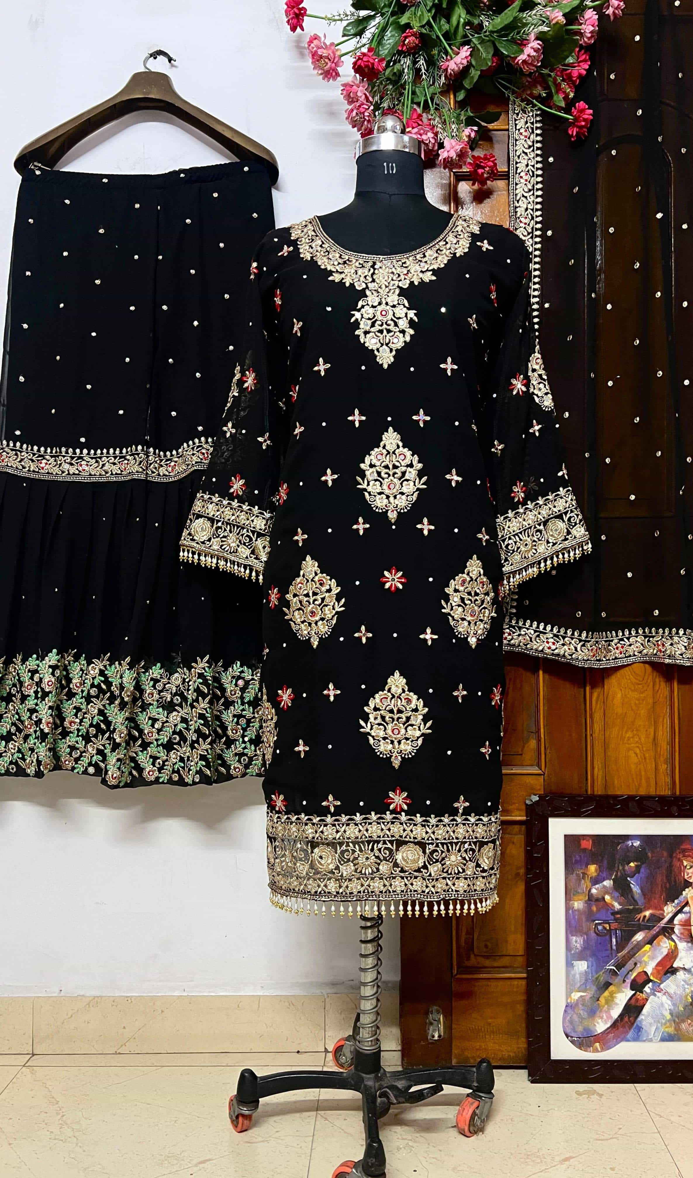 Black Georgette Sharara Kurti Set