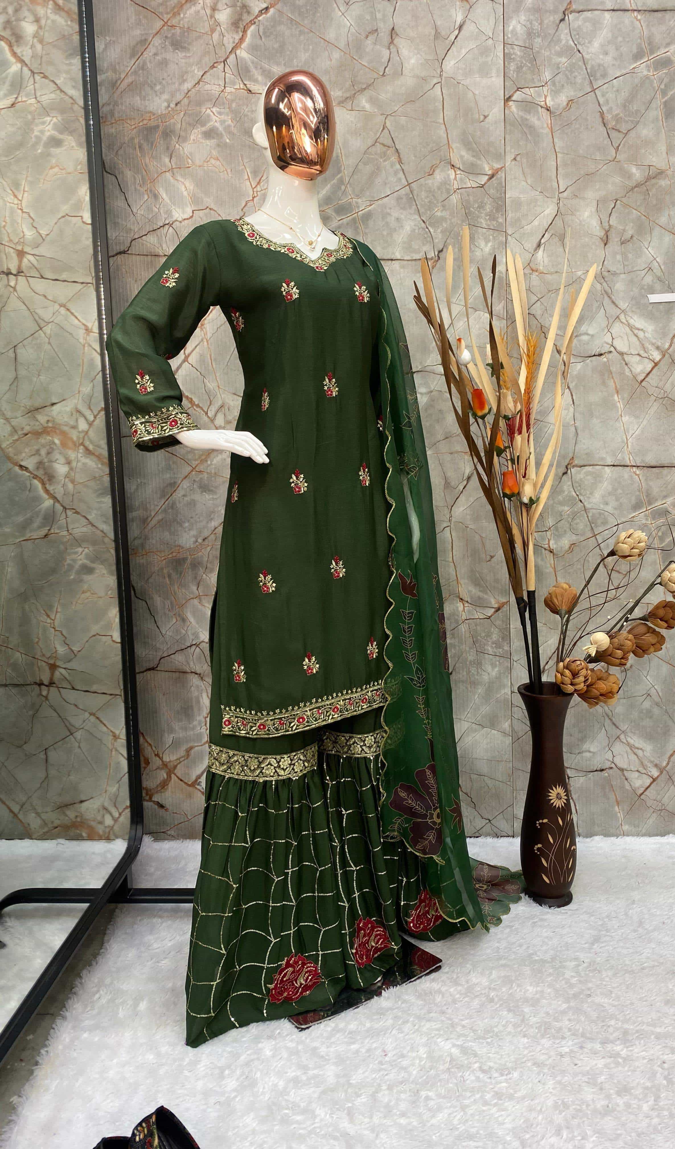 Green Embroidered Sharara Set