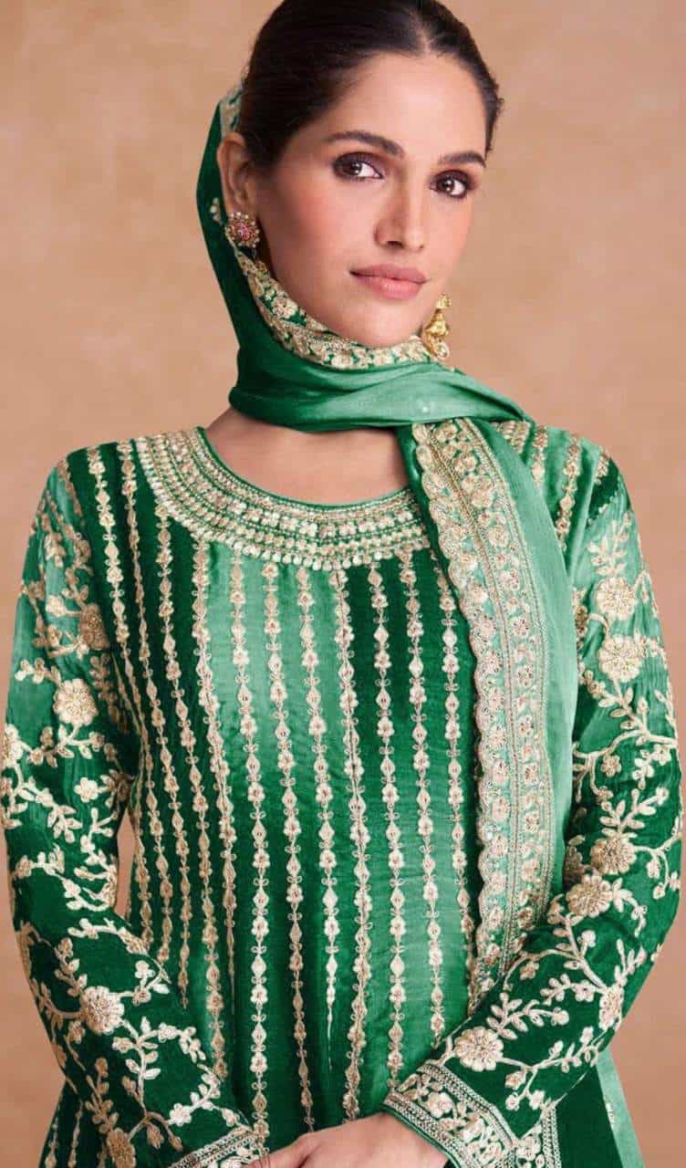 Dark Green Chinnon Sharara Set