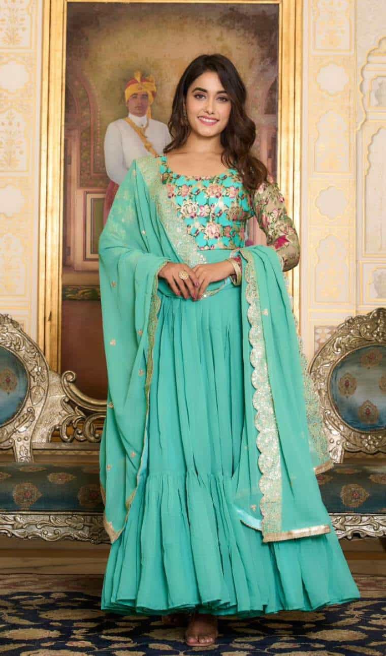 blue faux georgette gown