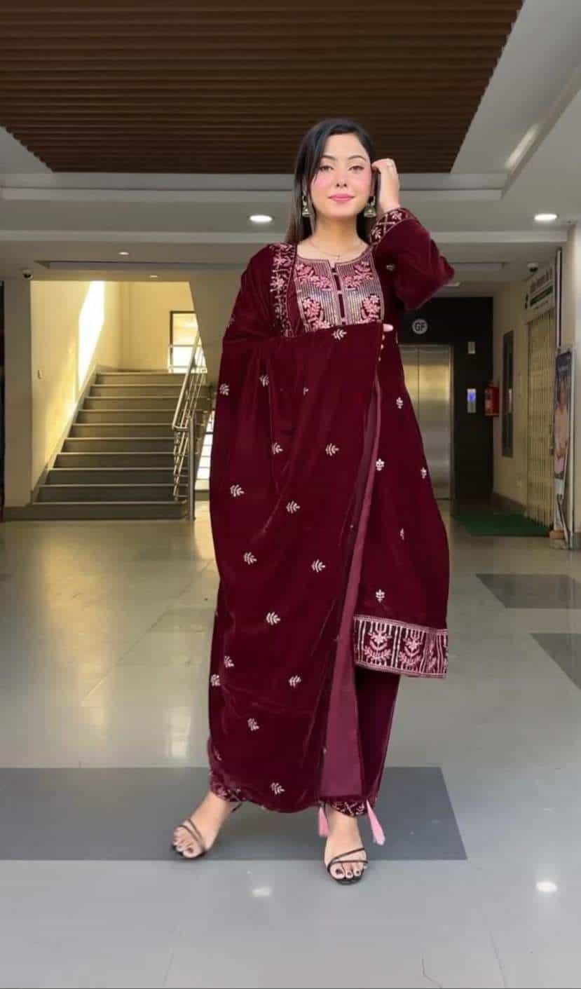 Maroon Velvet Suit Set
