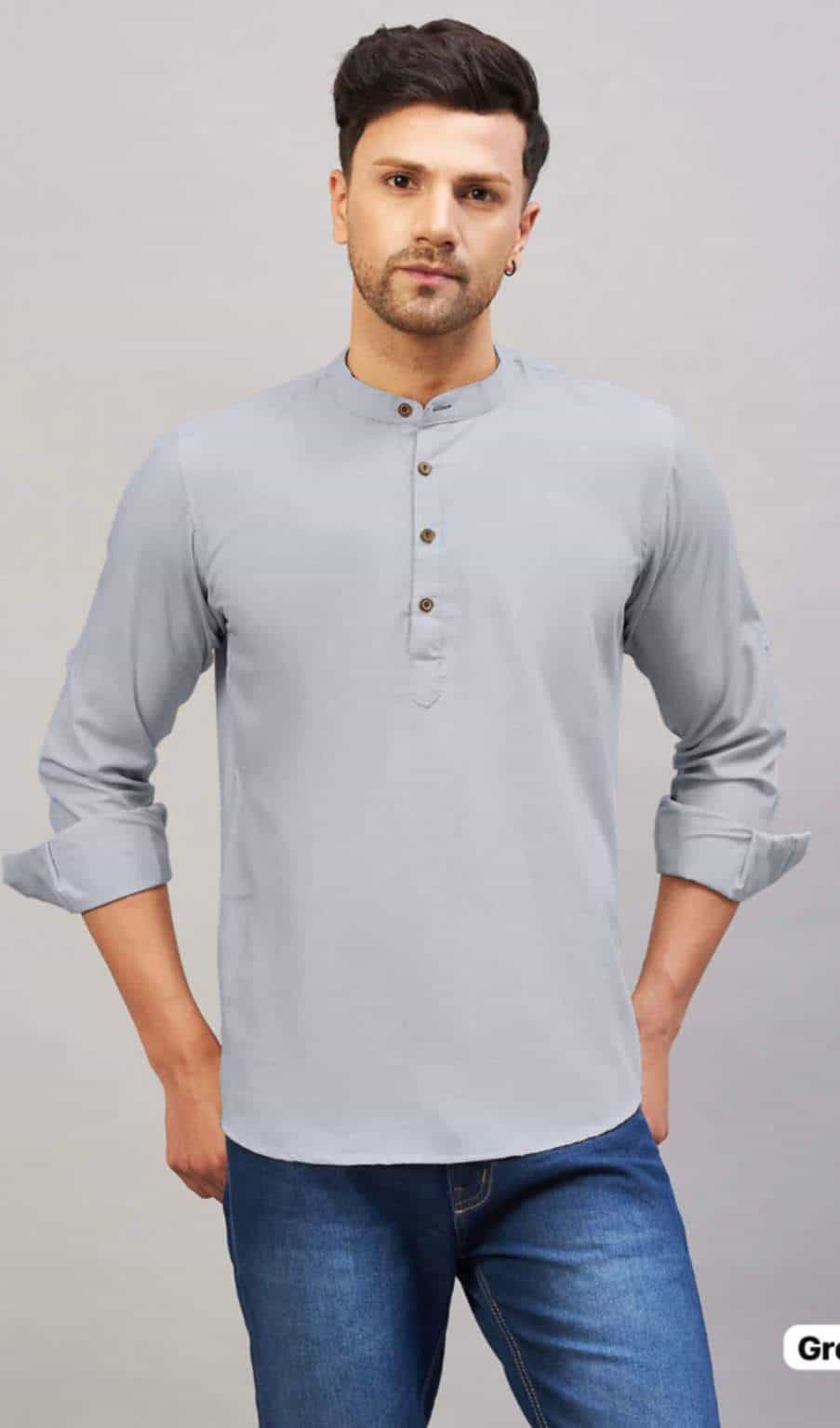 light grey men’s cotton short kurta