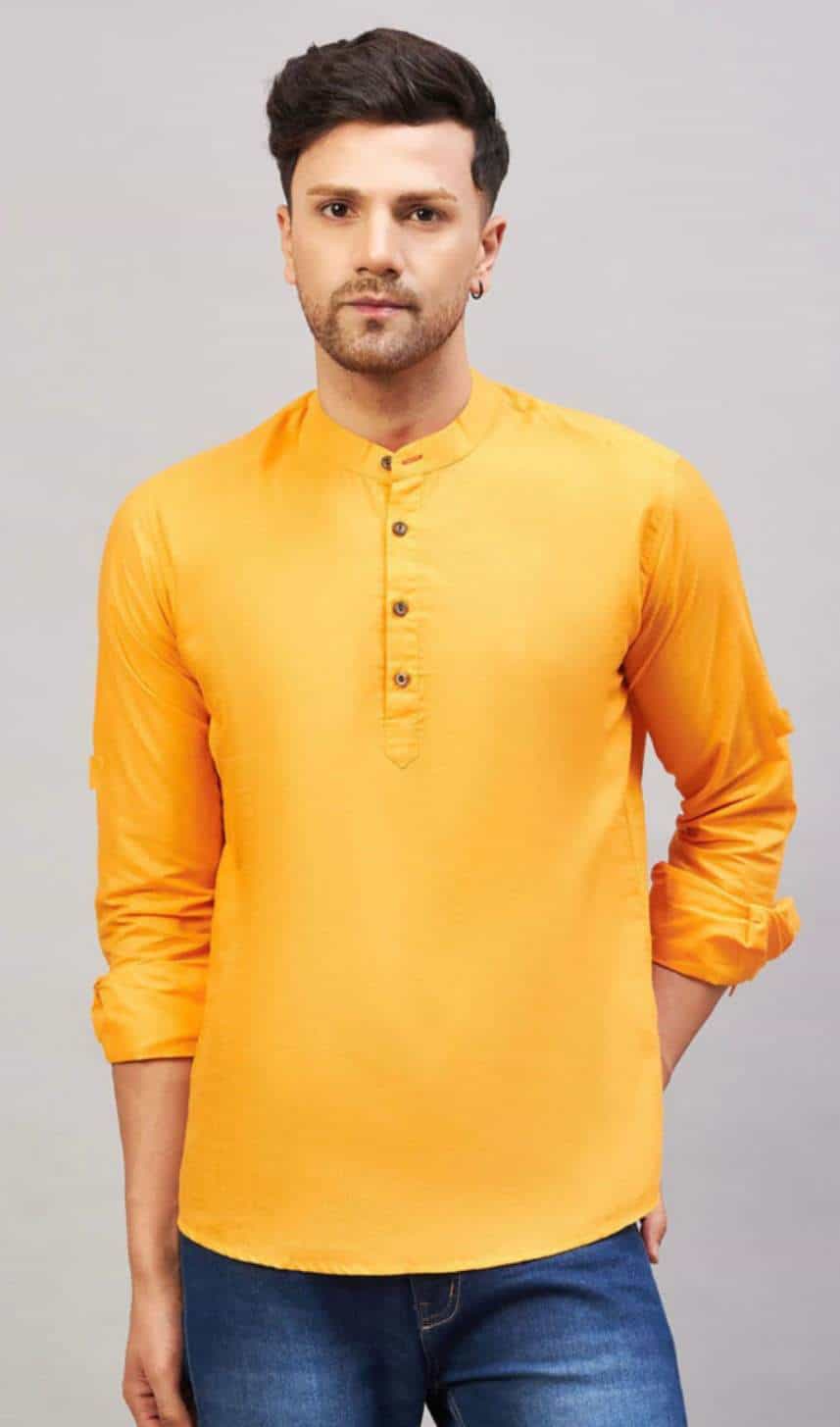 yellow men’s cotton short kurta
