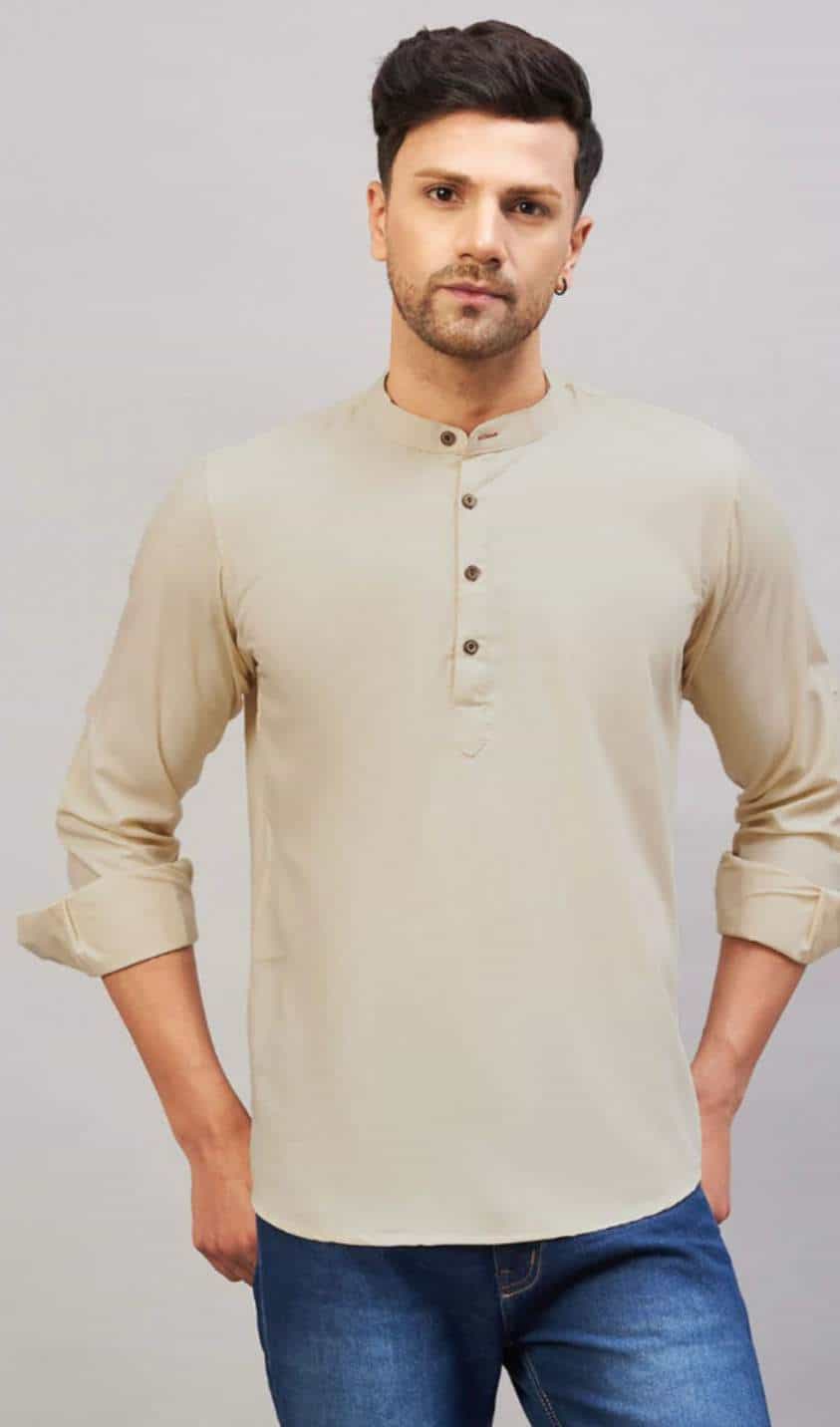 beige men’s cotton short kurta