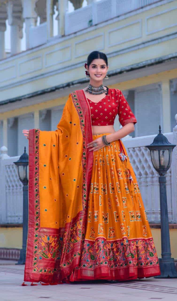 orange tussar silk lehenga