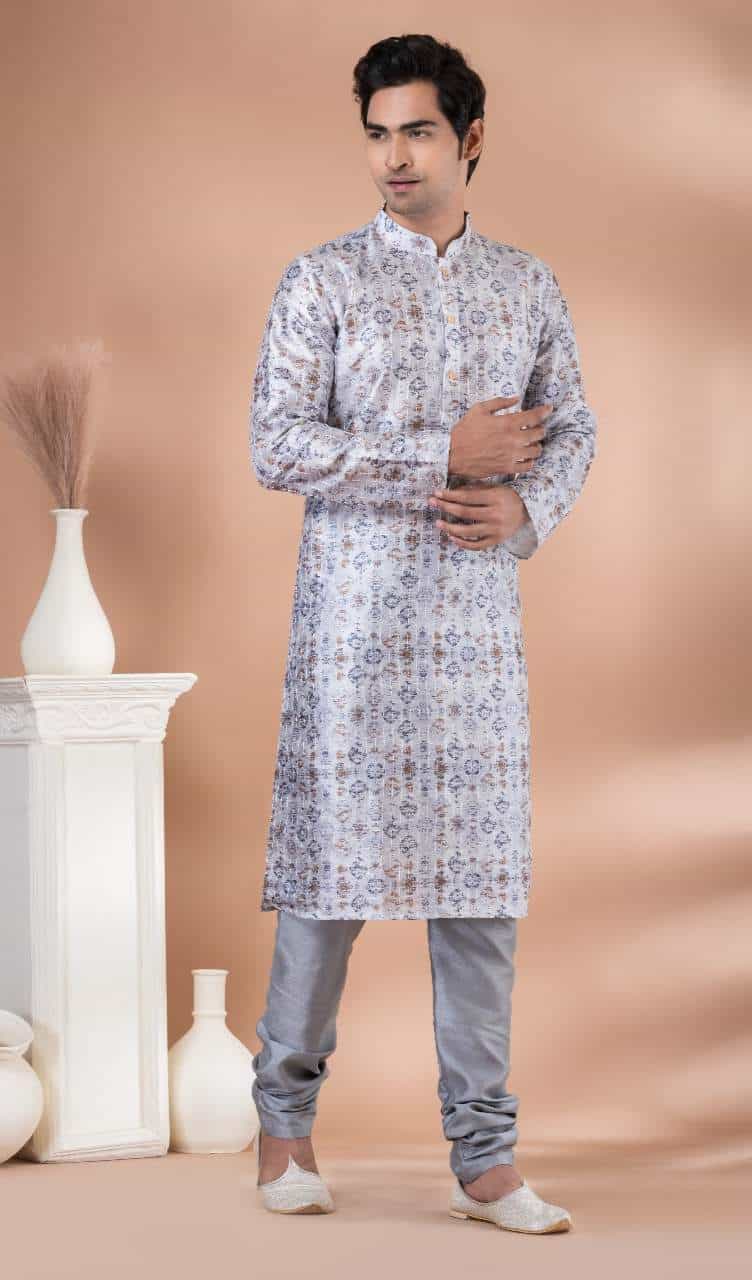 Traditional Men’s Kurta with Crochet Work and Digital Prints