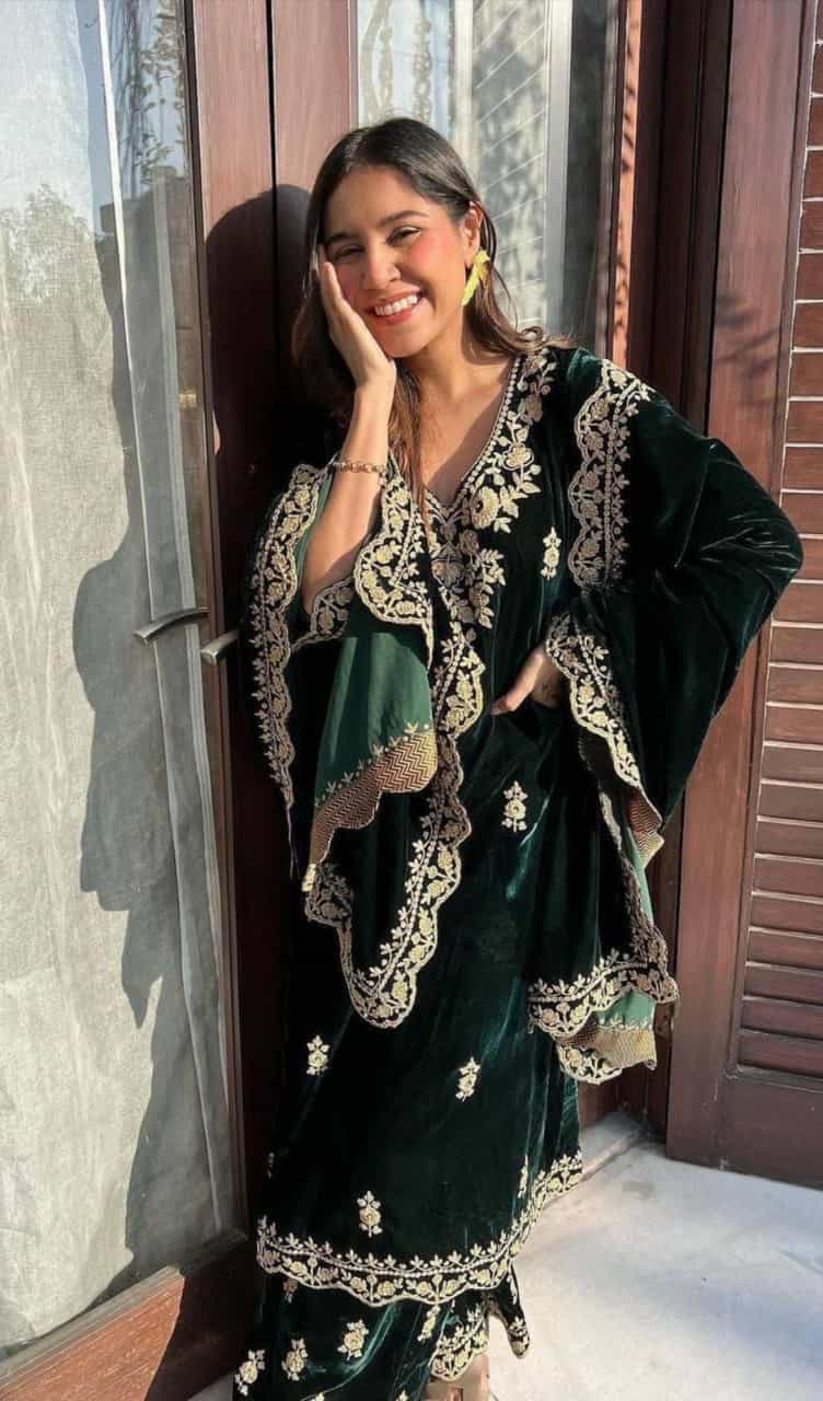 dark green velvet embroidered palazzo set