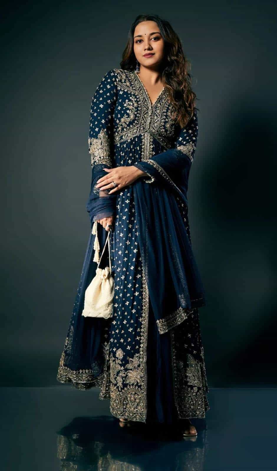 navy blue Kurti and lehenga with embroidered dupatta